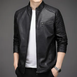 kf S302ee240a09049b58e654d79033eac884 Men s Leather Jacket Fashion Motorcycle Slim Fit PU Leather Stand Collar Jacket Mens Thin Fleece