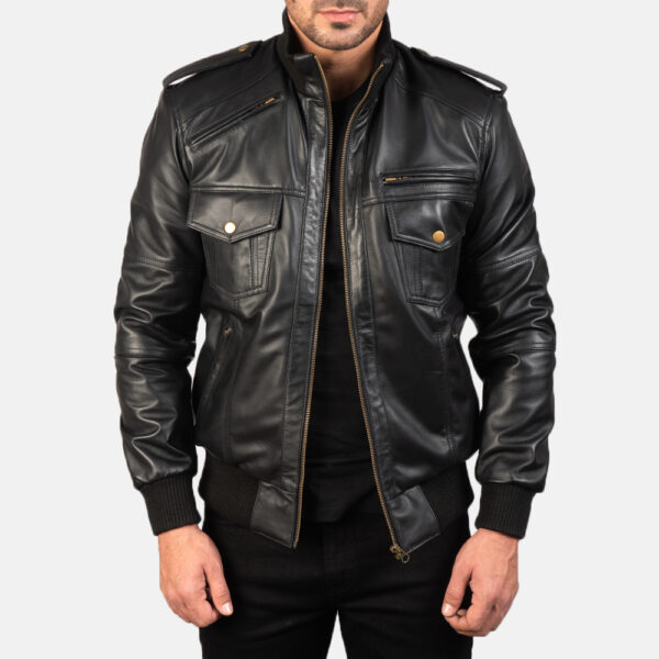 Mens Agent Shadow Black Leather Bomber Jacket 3