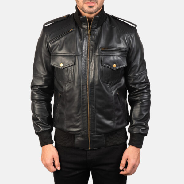 Mens Agent Shadow Black Leather Bomber Jacket 4
