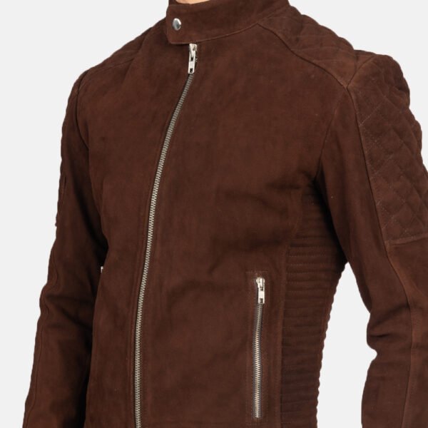 Men's Fernando Quilted Brown Suede Biker Jacket Close-Up