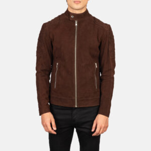 Men's Fernando Quilted Brown Suede Biker Jacket Close Front