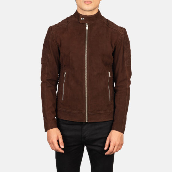 Men's Fernando Quilted Brown Suede Biker Jacket Close Front