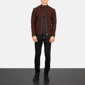 Men's Fernando Quilted Brown Suede Biker Jacket Full Length