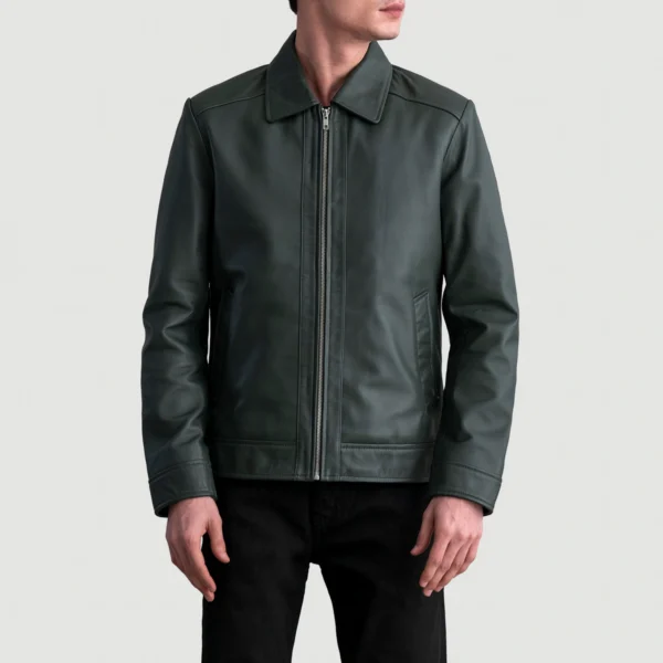 Men's Inferno Green Leather Jacket Close Front