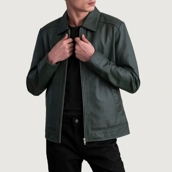 Men's Inferno Green Leather Jacket Open Front
