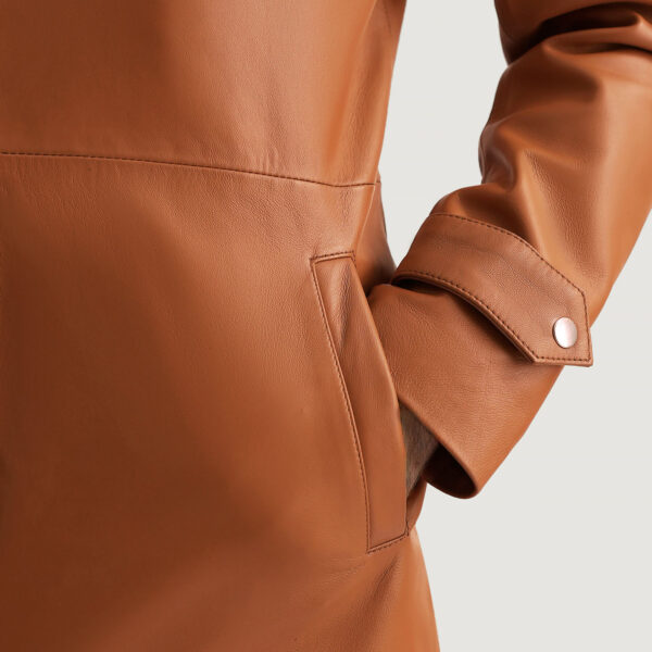 Men's Infinity Tan Brown Leather Coat Close-Up