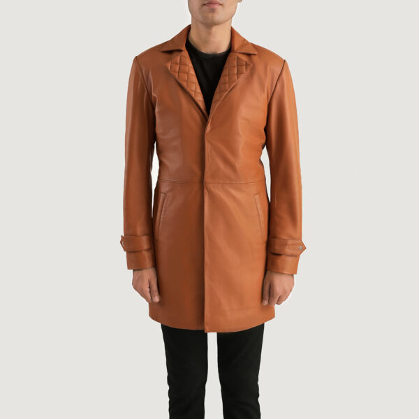 Men's Infinity Tan Brown Leather Coat Close Front