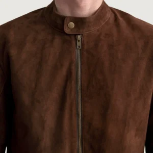Men's Zen Brown Suede Biker Jacket Close-Up