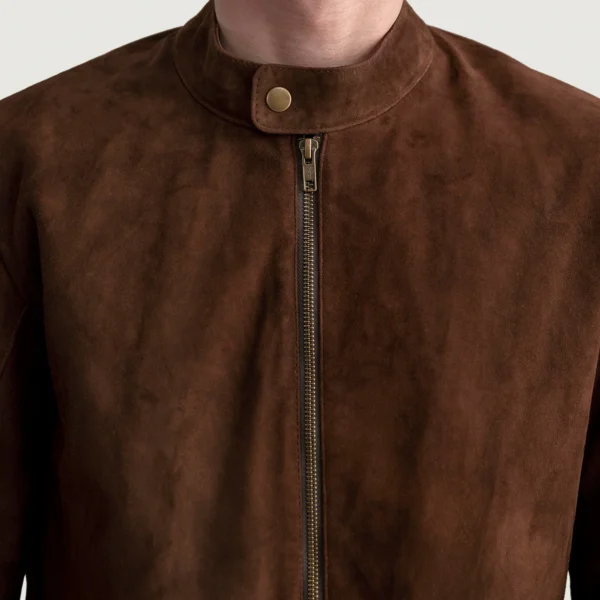 Men's Zen Brown Suede Biker Jacket Close-Up