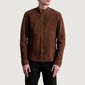 Men's Zen Brown Suede Biker Jacket Close Front