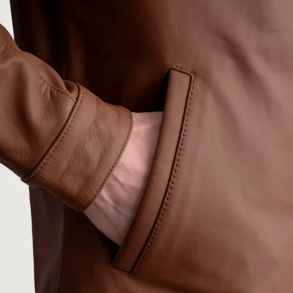 Men's Zen Matte Brown Leather Biker Jacket Close-Up