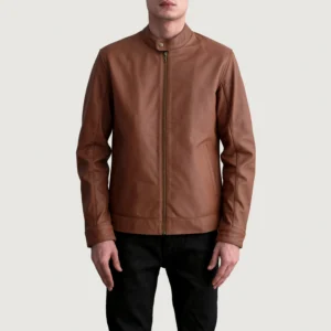 Men's Zen Matte Brown Leather Biker Jacket Close Front