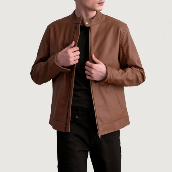 Men's Zen Matte Brown Leather Biker Jacket Open Front