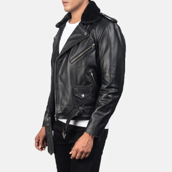 Men's Furton Black Leather Biker Jacket Side Pose