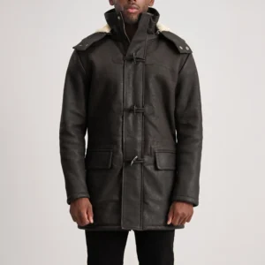 Men's Nolan Tumbled Brown Leather Duffle Coat Close Front