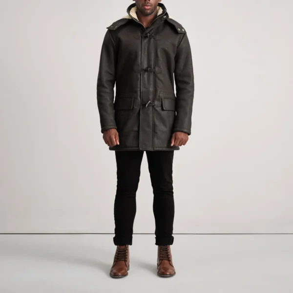 Men's Nolan Tumbled Brown Leather Duffle Coat Full Length