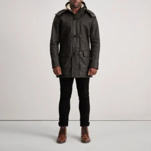 Men's Nolan Tumbled Brown Leather Duffle Coat Full Length