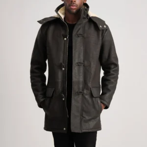 Men's Nolan Tumbled Brown Leather Duffle Coat Open Front